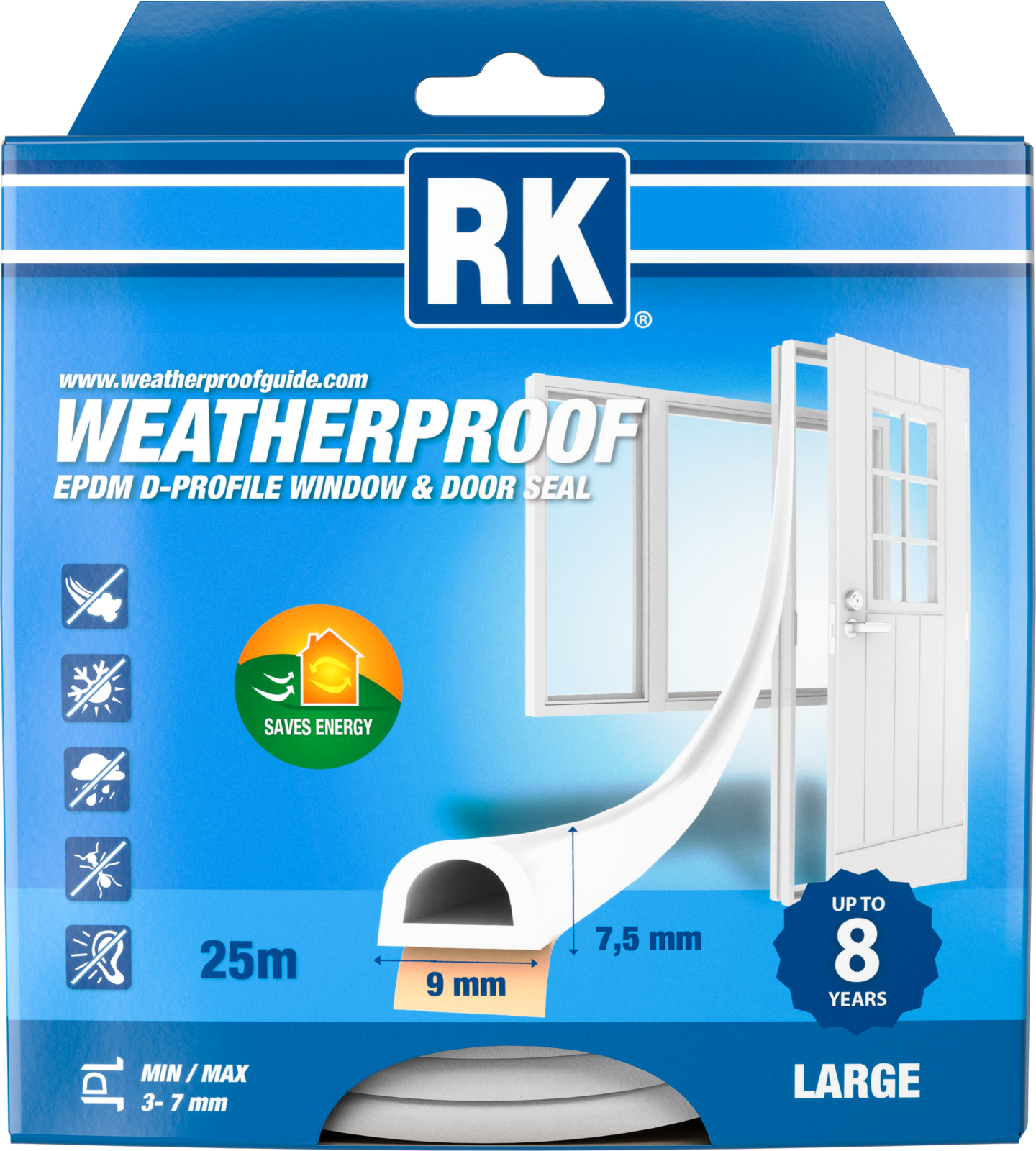 Ikkuna- ja ovitiiviste RK D-profiili valkoinen 25m