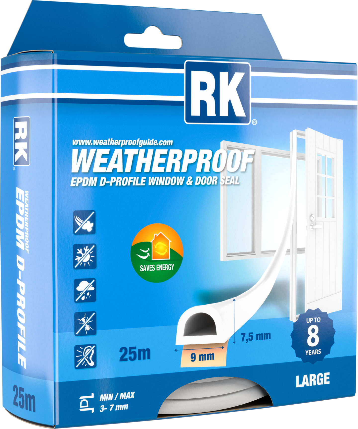 Ikkuna- ja ovitiiviste RK D-profiili valkoinen 25m