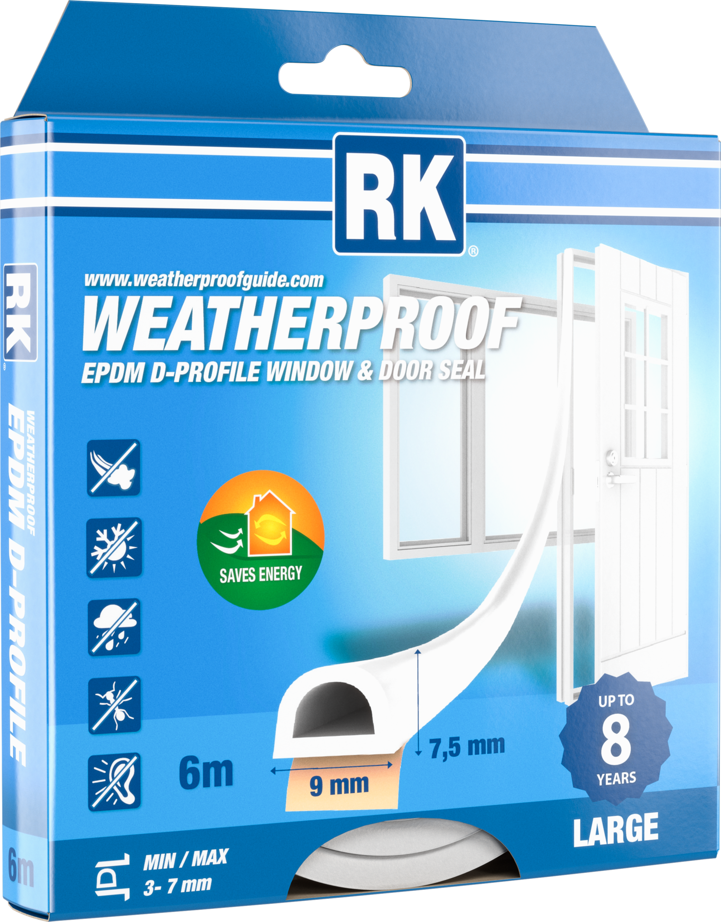 Ikkuna- ja ovitiiviste RK D-profiili valkoinen 6m