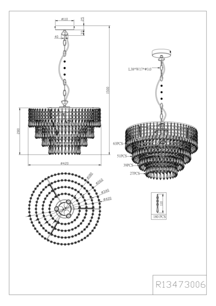 Riippuvalaisin TRIO Orient 3xE14 40W 42cm kromi