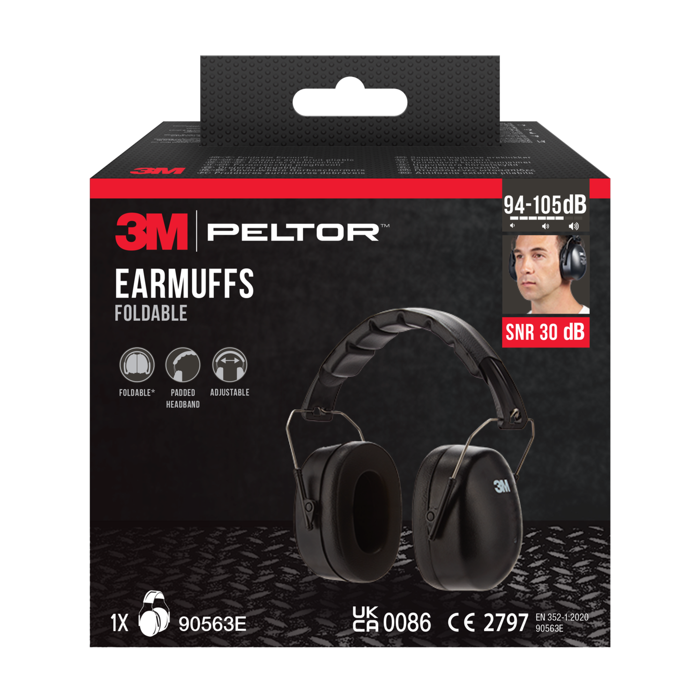 Kuulonsuojain 3M™ taitettava päälakisanka, 90563e, snr-arvo 30 db, musta