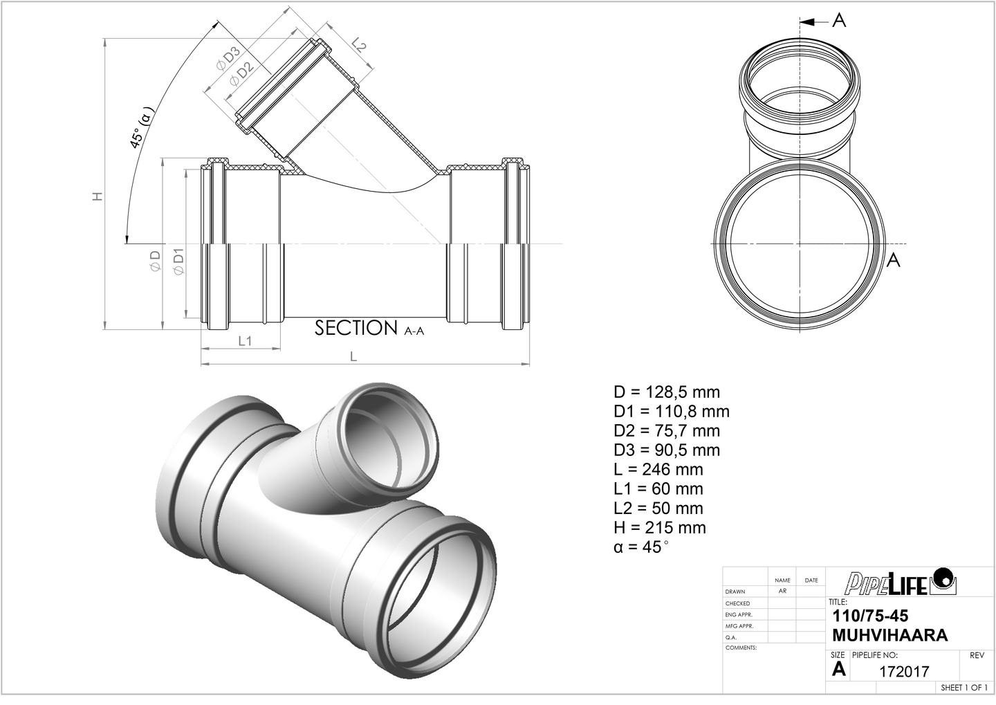 Viemärin muhvihaara Uponor 110/75x45