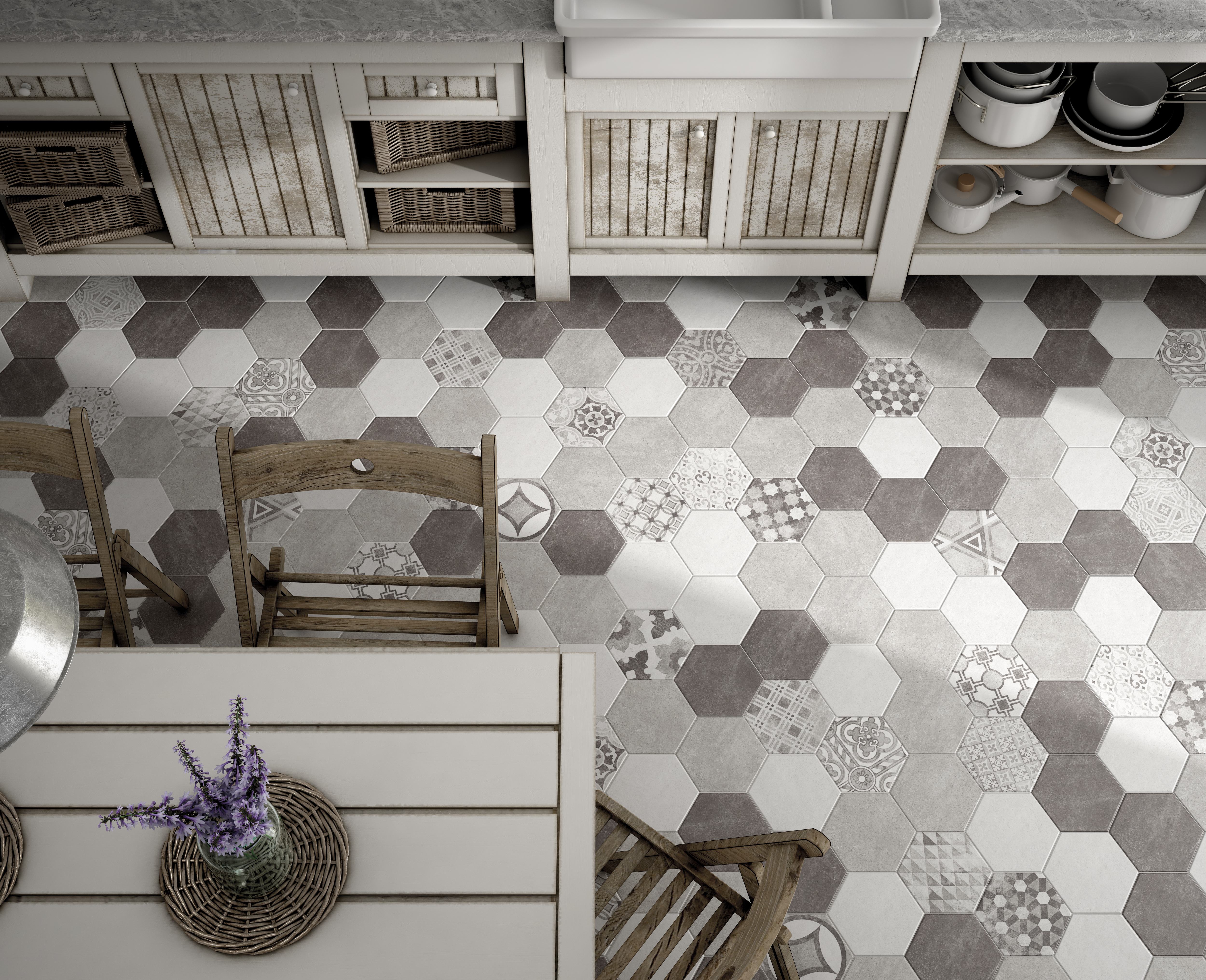 Lattialaatta Cello Hexatile Cement 17,5x20 pakkasenkestävä valkoinen 0,7m²