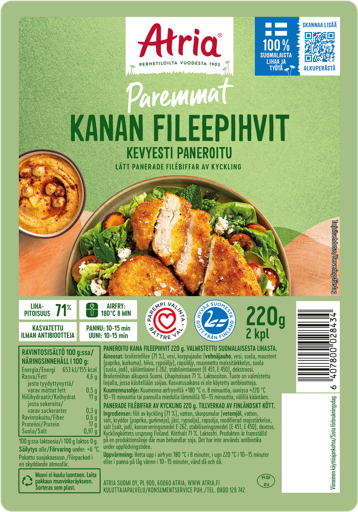 Atria lätt panerade kycklingfiléschnitzel 220g
