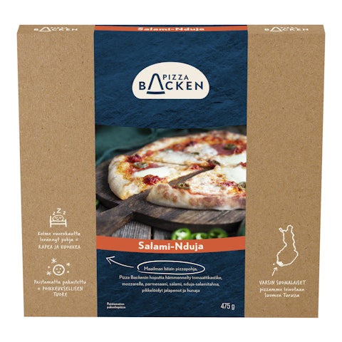 Pizzabacken Salami-Nduja 475g pakastepizza paistamaton