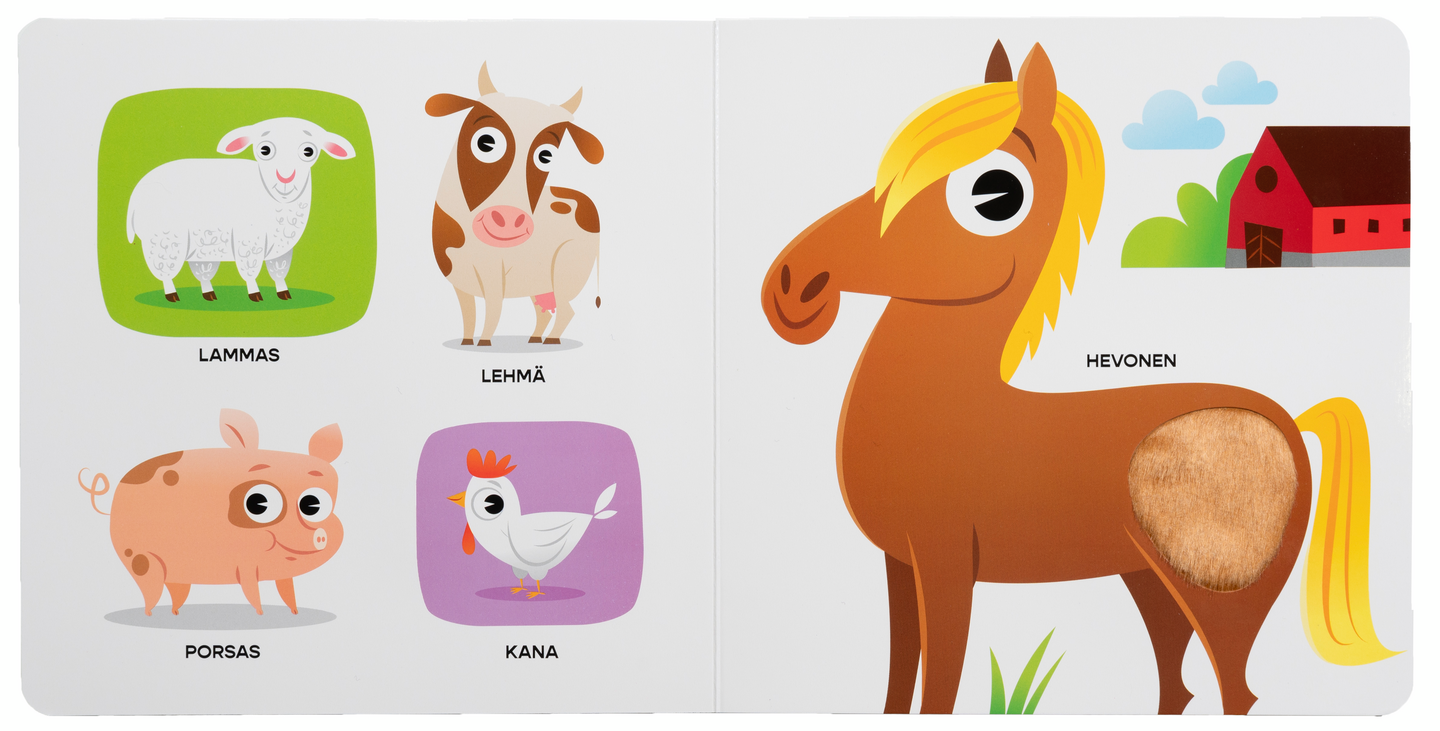 Oppi&ilo Silitä ja tutki! Eläinystävät koskettelukirja 6 kk - 2 v