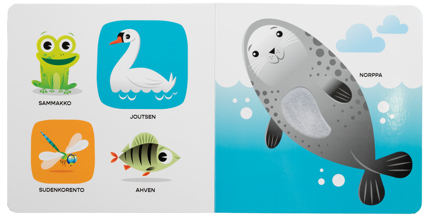 Oppi&ilo Silitä ja tutki! Eläinystävät koskettelukirja 6 kk - 2 v