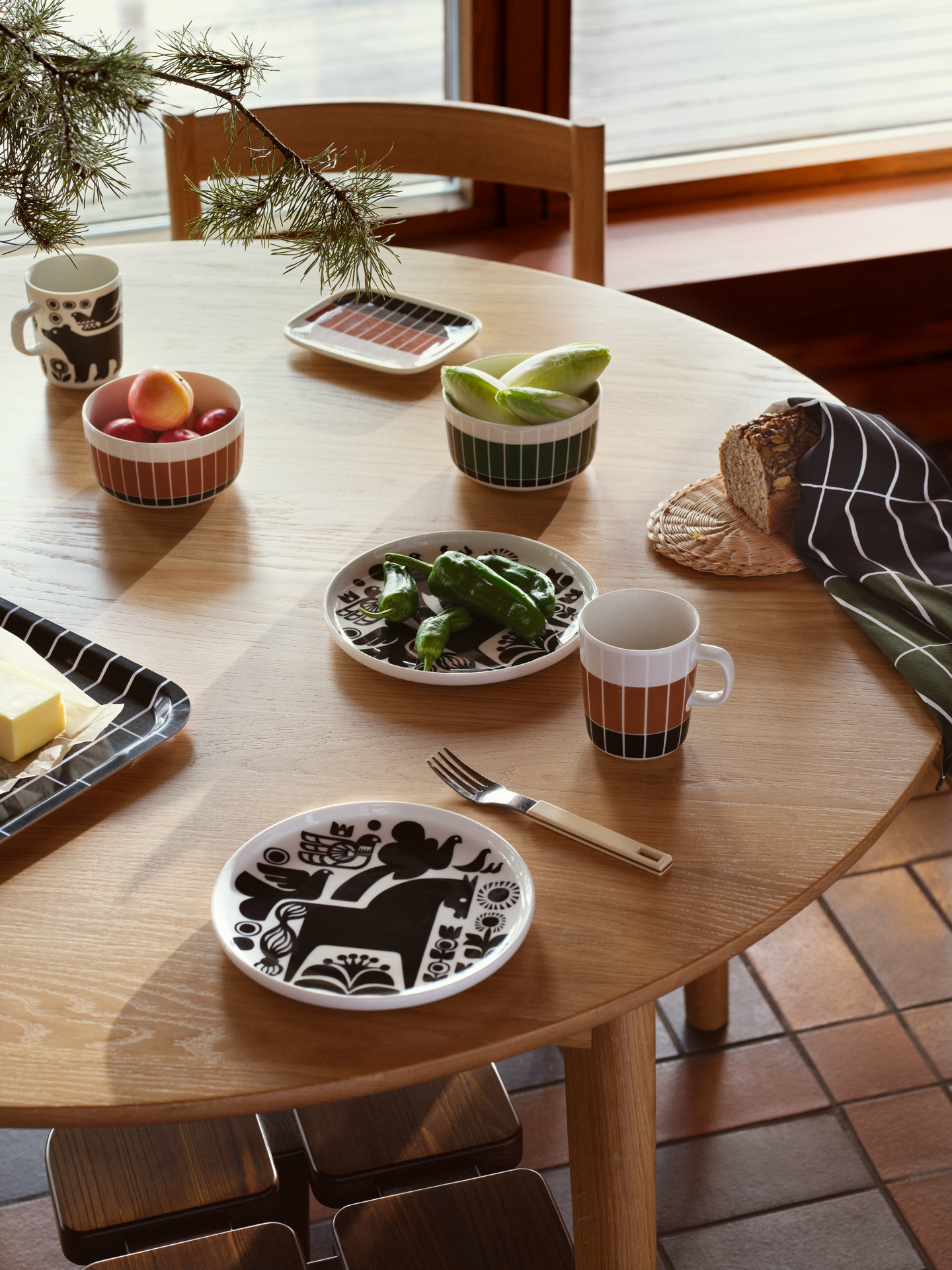 Marimekko Tiiliskivi keittiöpyyhe 43x60 cm vihreä-musta-vaalea beige
