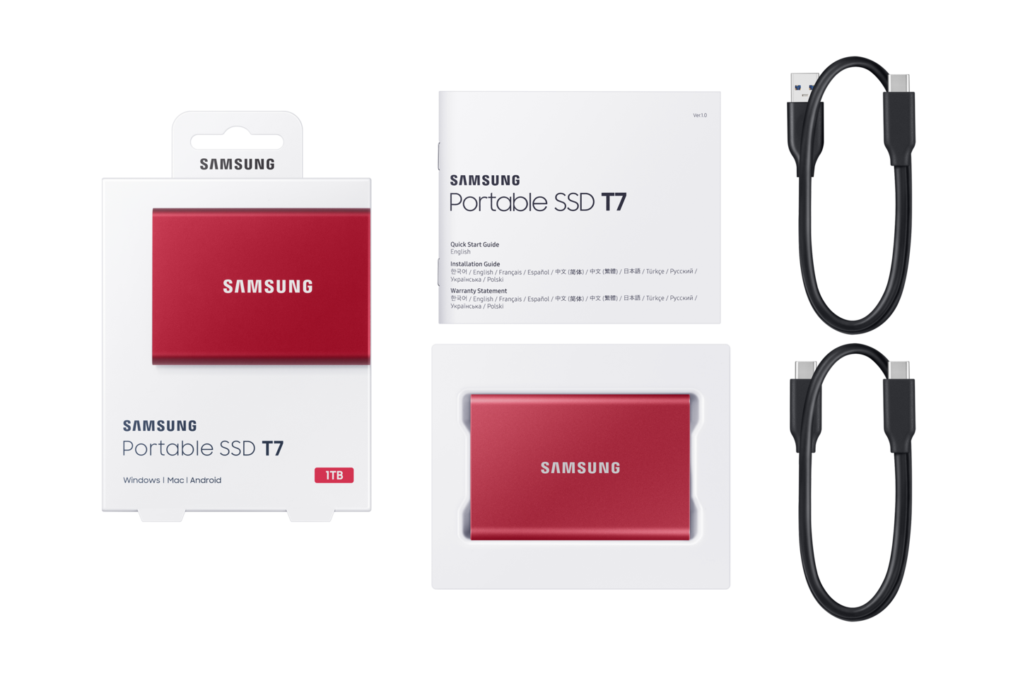 Samsung T7 1 Tt -SSD-levy, punainen
