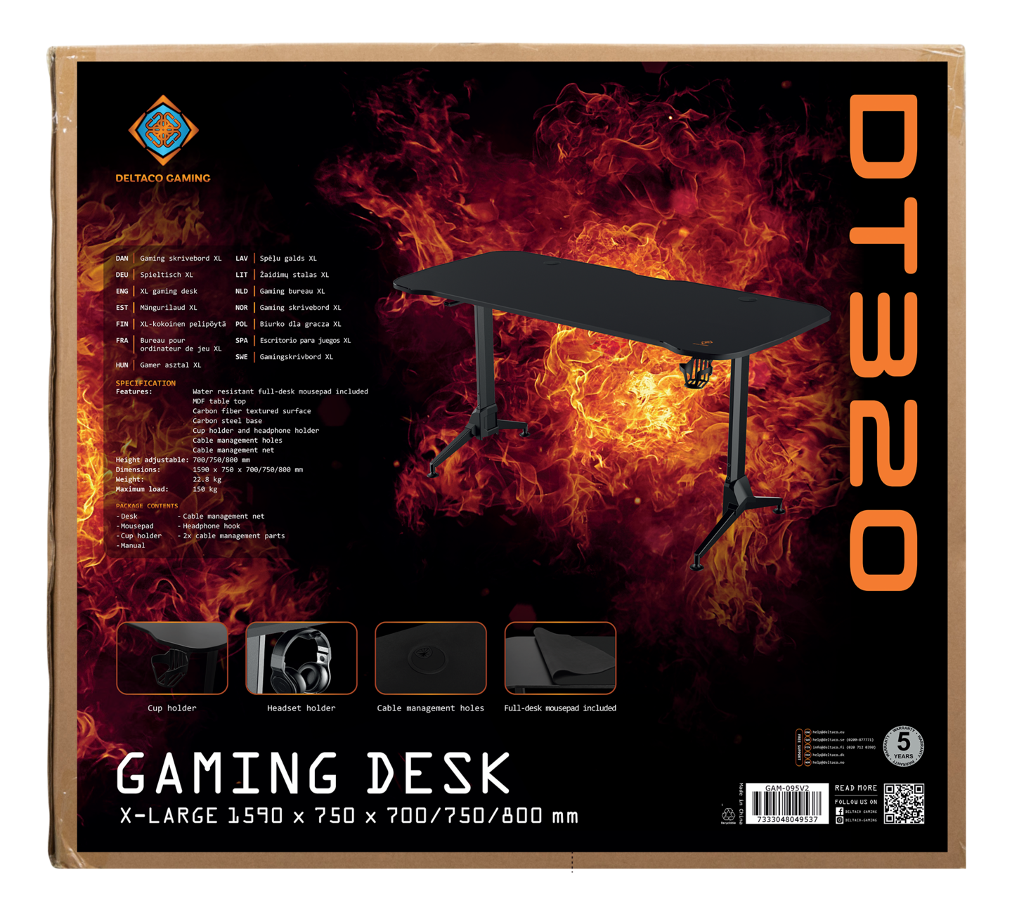 Deltaco Gaming DT320 160 x 75 cm -pelipöytä, musta