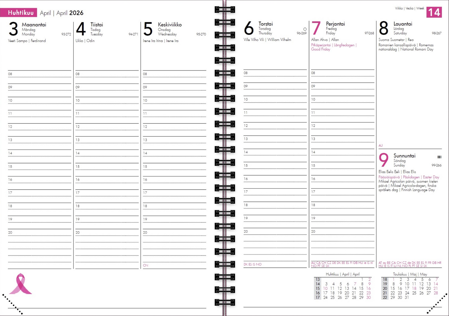 Roosa nauha vuosikalenteri 2026 ruusukulta