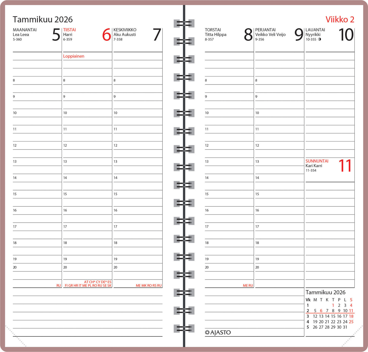 Ajasto Agenda taskukalenteri ruusukulta