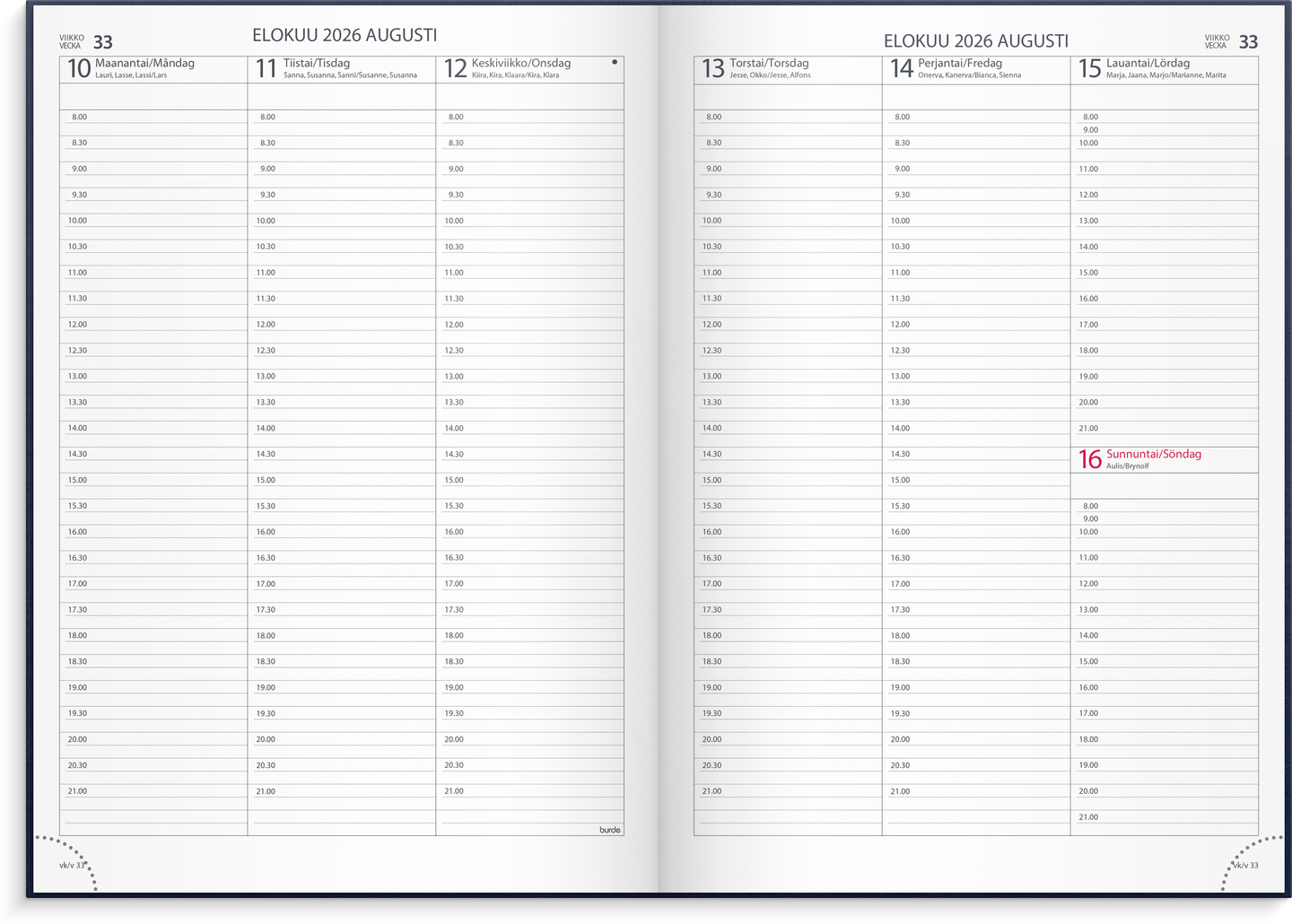 Burde kalenteri 2026 tuntimuistio sininen keinonahkakansi sidottu A4