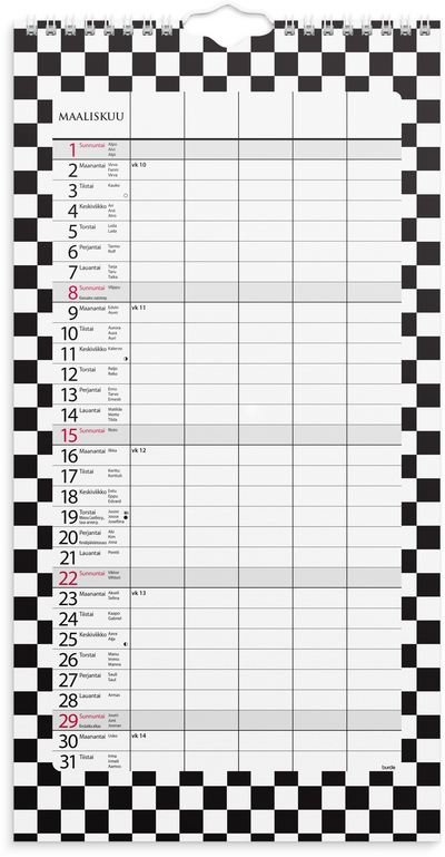 Burde perhekalenteri 2026 moderni paperitaskulla