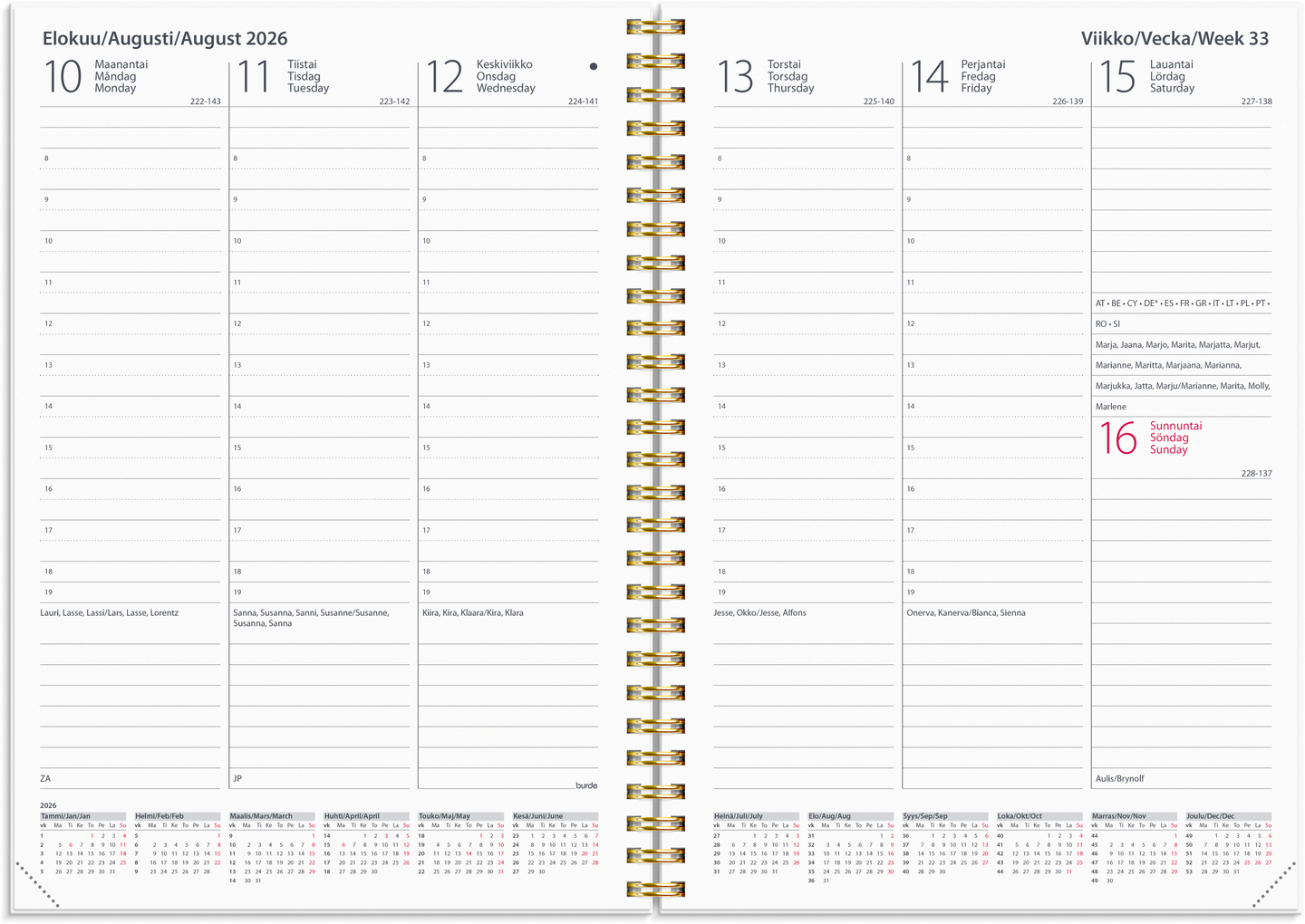 Burde kalenteri 2026 Weekly, kukka beige/sininen