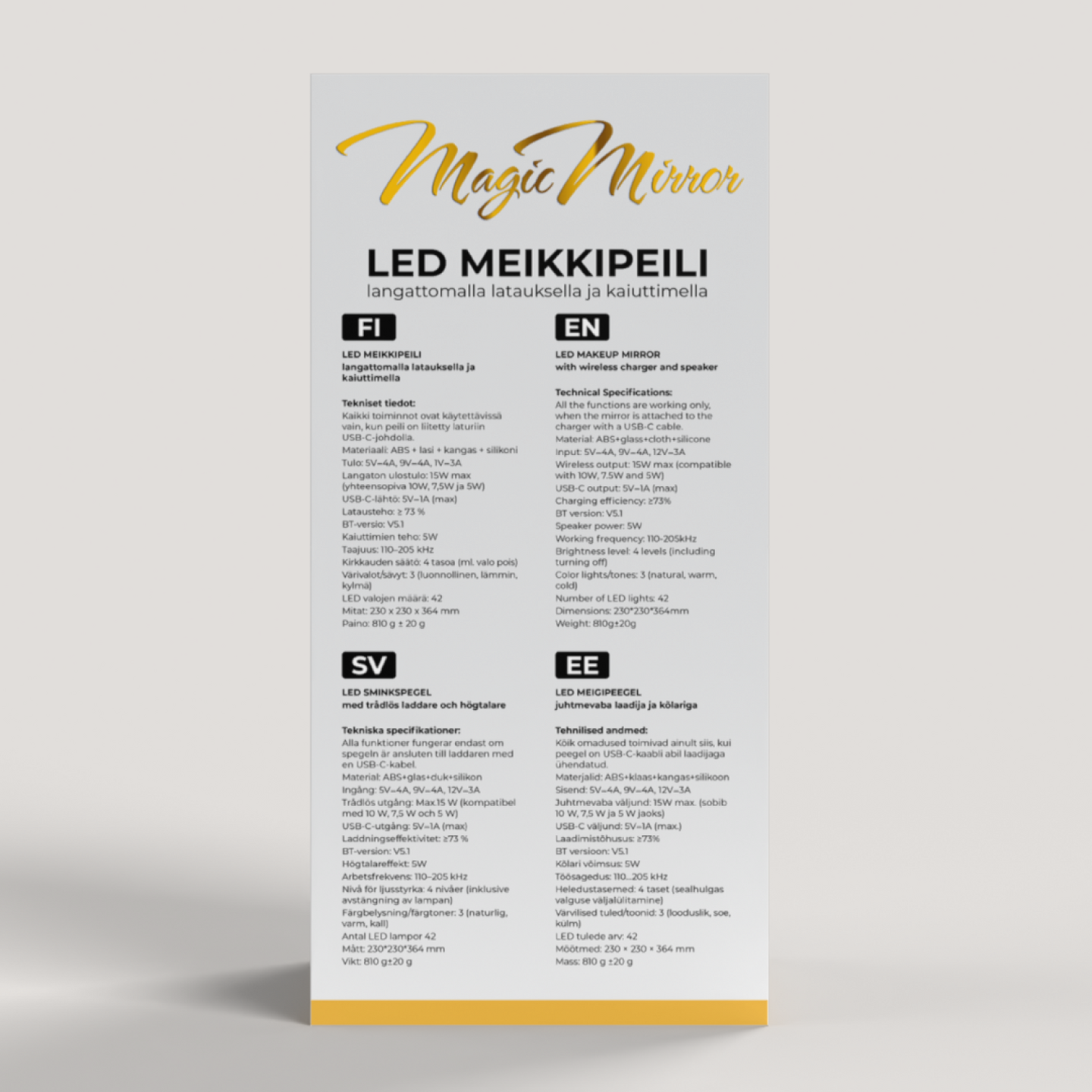Magic Mirror LED-valaistu meikkipeili langattomalla laturilla ja kaiuttimella, kulta