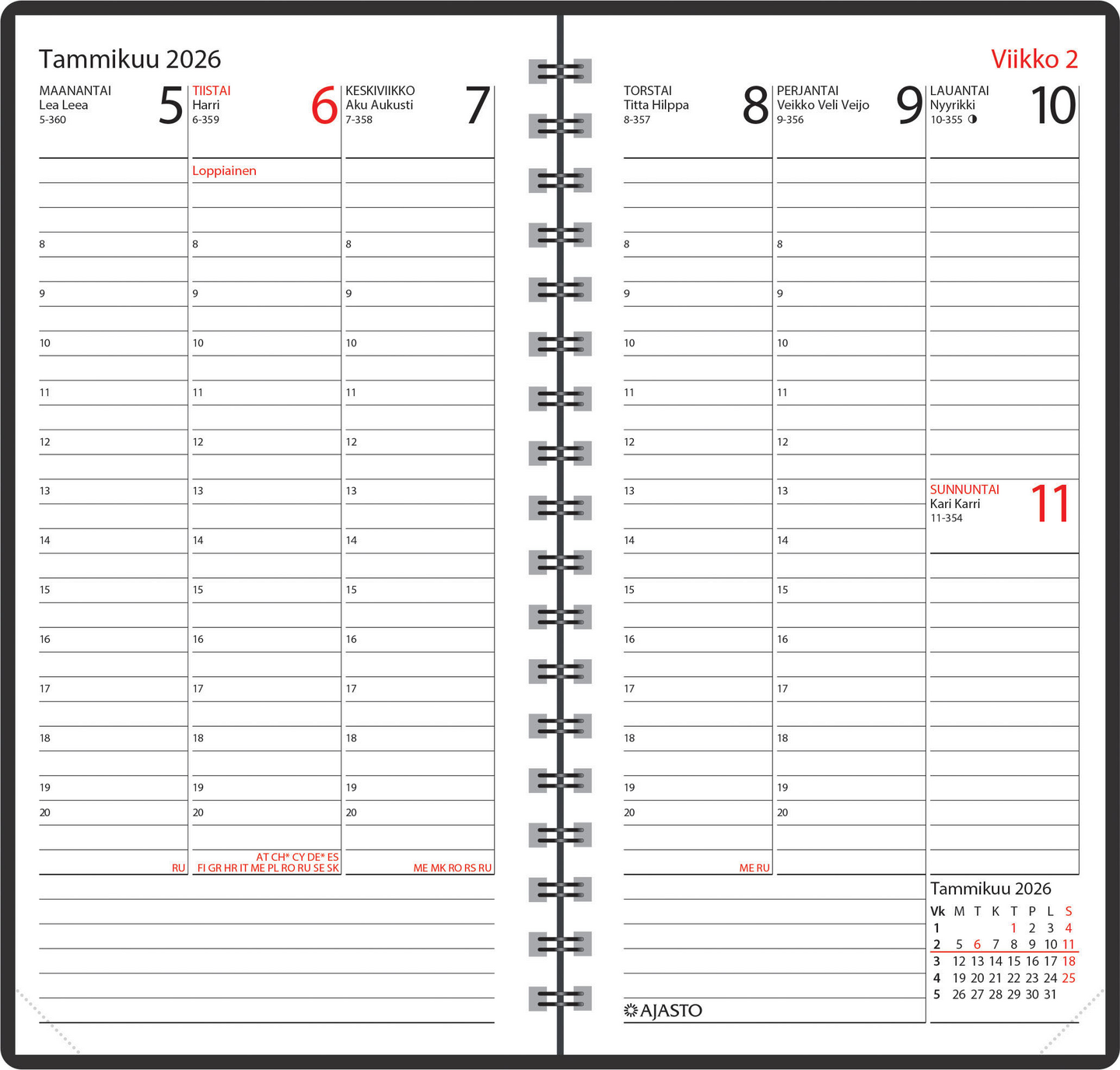 Ajasto Agenda taskukalenteri musta