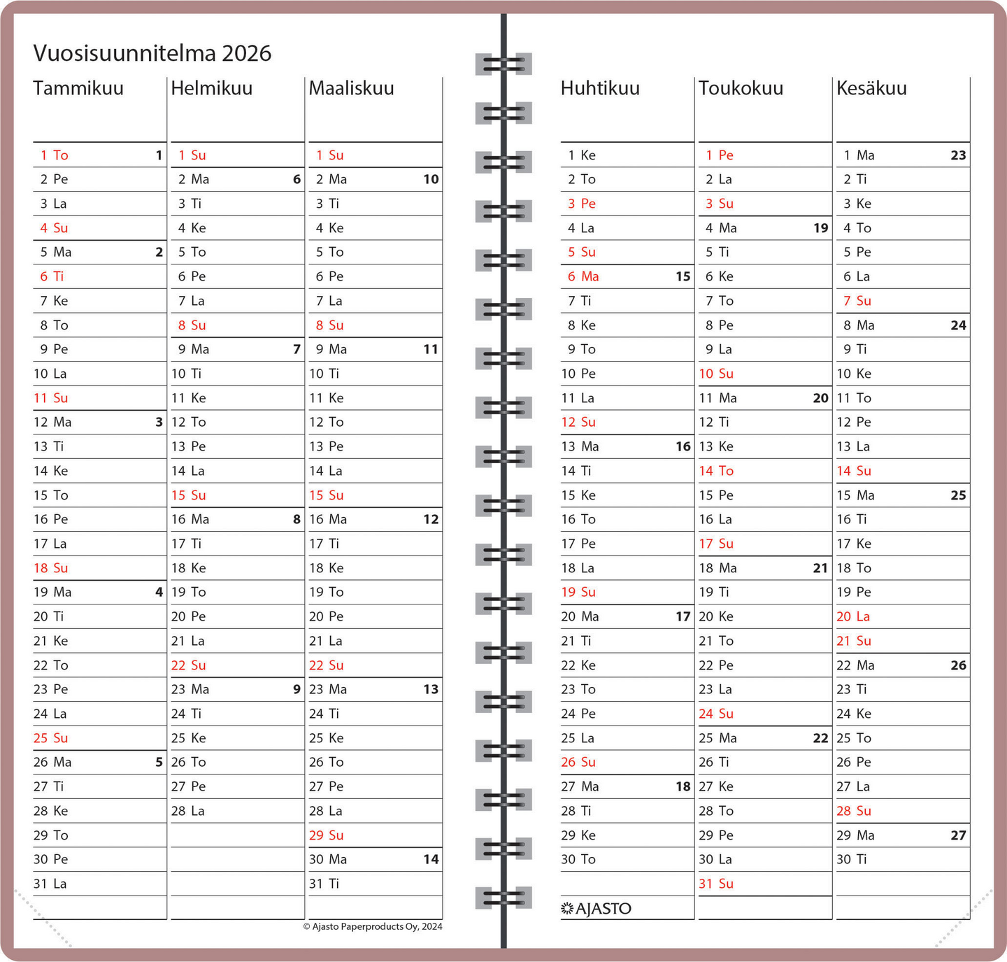 Ajasto Agenda taskukalenteri ruusukulta
