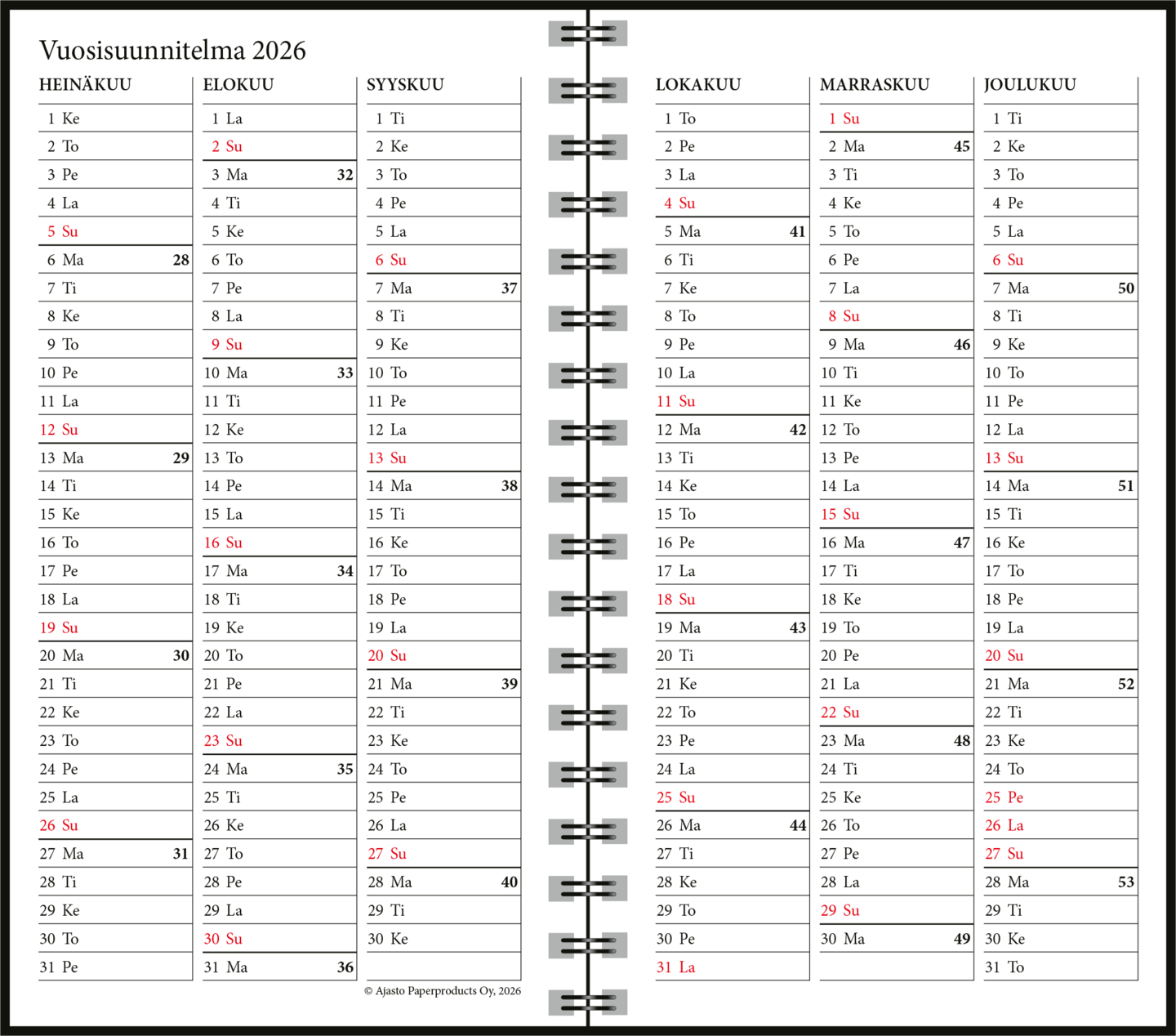Ajasto Lukuvuosikalenteri 2026-27 Simple, musta