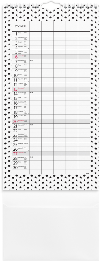 Burde perhekalenteri 2026 moderni paperitaskulla