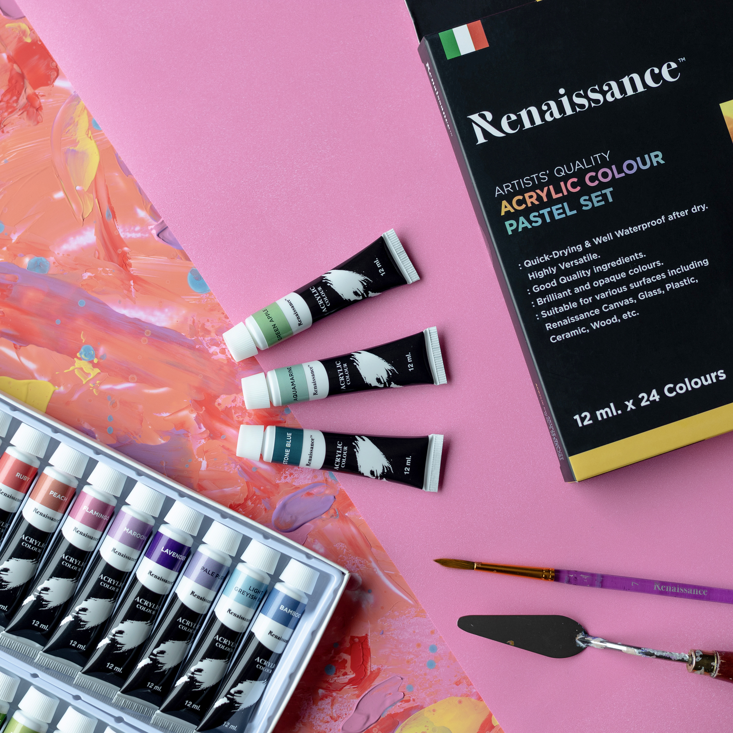 Renaissance akryylimaalit 24 x 12 ml, pastellisävyt