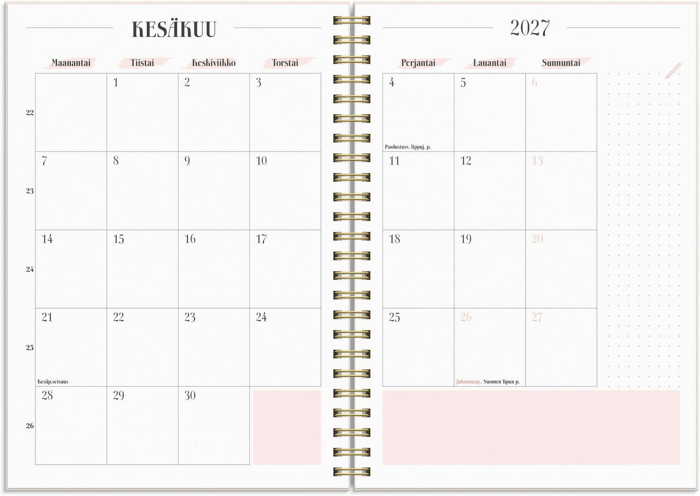 Burde Life Planner kalenteri Pink A5 26/27