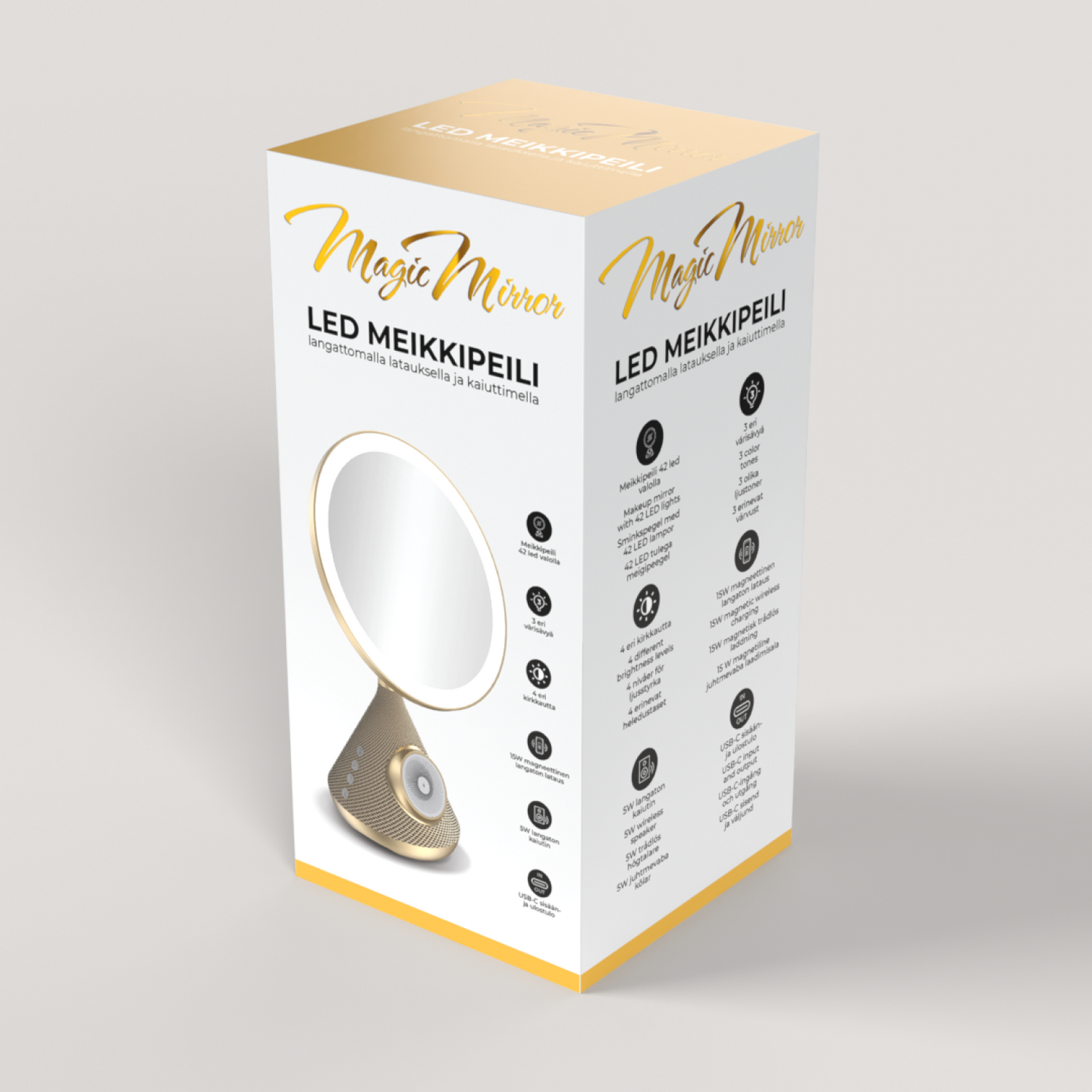 Magic Mirror LED-valaistu meikkipeili langattomalla laturilla ja kaiuttimella, kulta