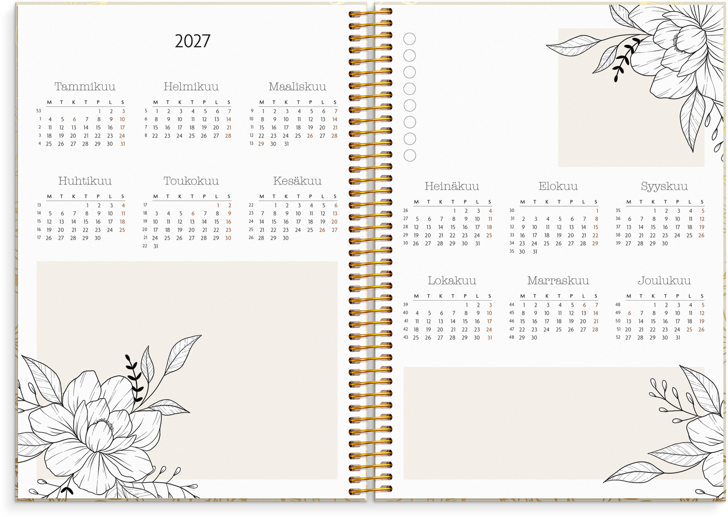 Burde Kalenteri 2027 Life Planner Bloom