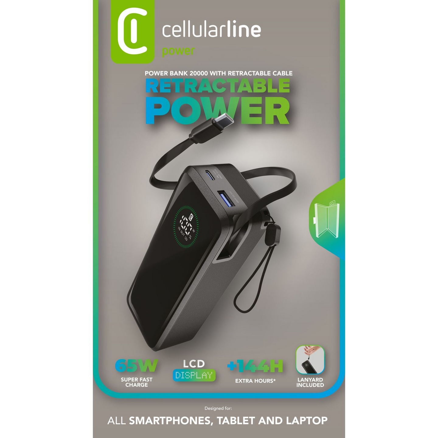 Cellularline Power Roller 65 W 20 000 mAh -varavirtalähde