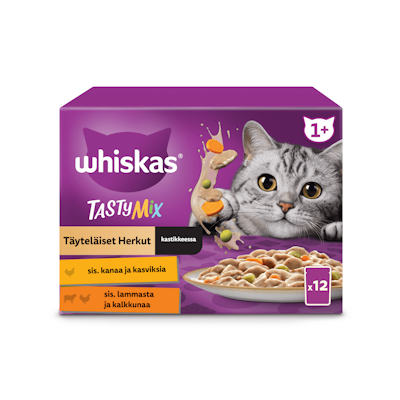 Whiskas 1+ Tasty Mix Täyteläiset herkut kastikkeessa 12x85g