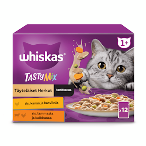 Whiskas 1+ Tasty Mix Täyteläiset herkut kastikkeessa 12x85g