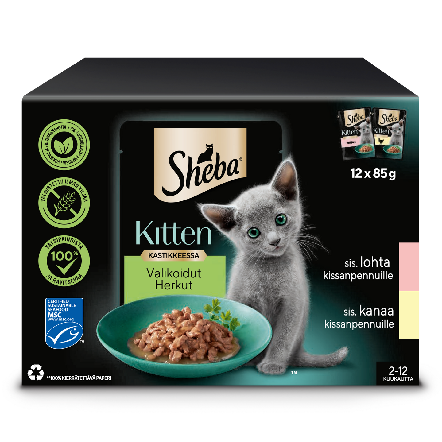 Sheba Kitten annospussilajitelma kastikkeessa 12x85g kana-lohi