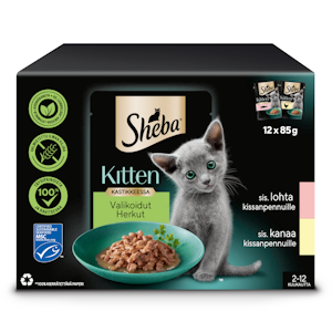 Sheba Kitten annospussilajitelma kastikkeessa 12x85g kana-lohi