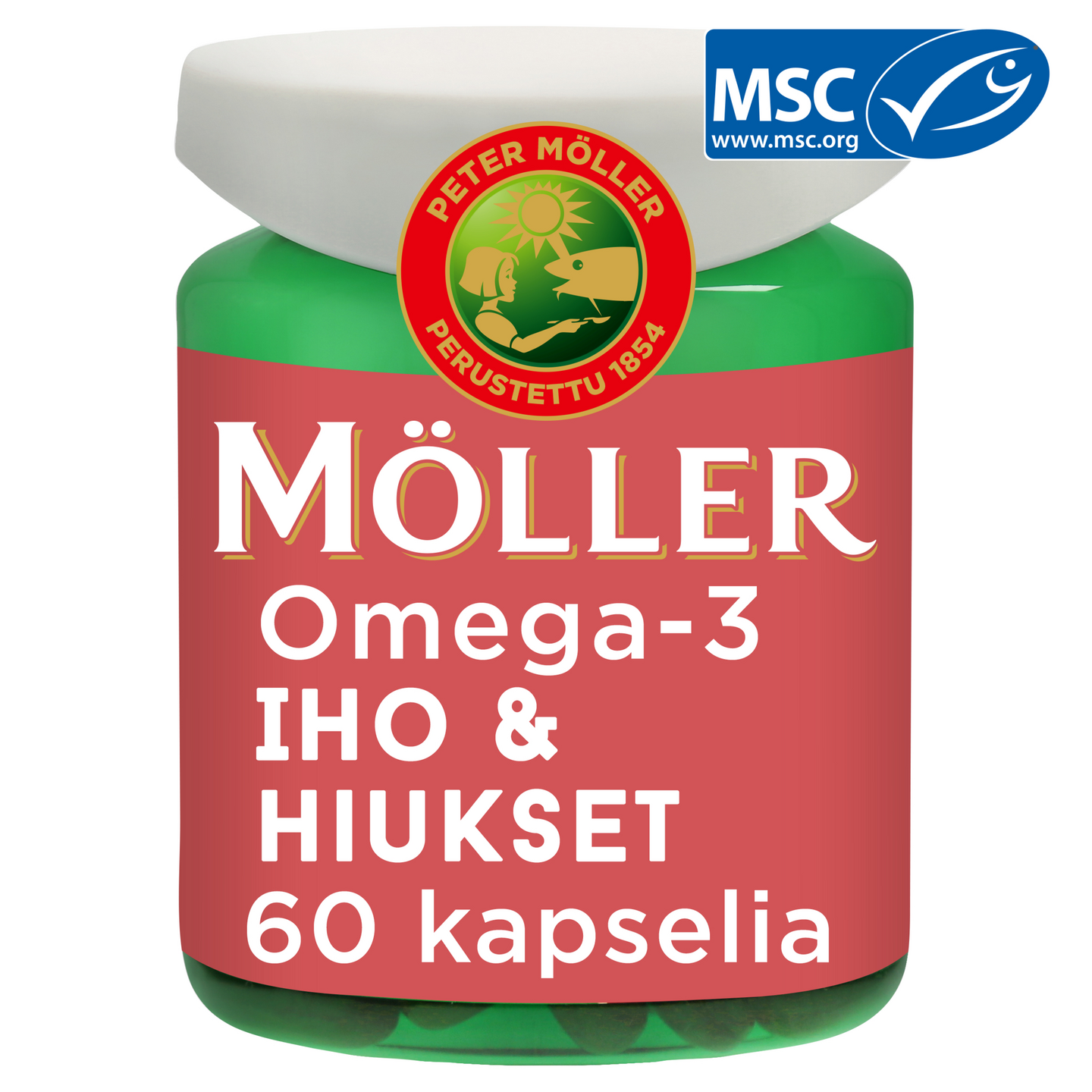 Möller Omega-3 Iho & hiukset Omega-3-rasvahappo-peltokorte-vitamiini-ravintolisä 76g 60kaps