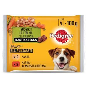 Pedigree 4x100g Adult kastikelajitelma kana & kasvis, härkä & maksa