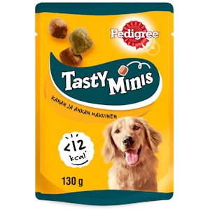 Pedigree Tasty Bites 130g Chewy Cubes sis kanaa, täydennysrehua aikuisille koirille