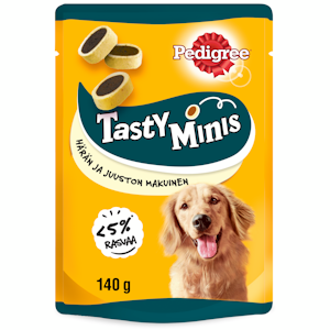 Pedigree Tasty Bites 140g Cheesy Bites sis juustoa ja häränlihaa, täydennysrehua aikuisille koirille