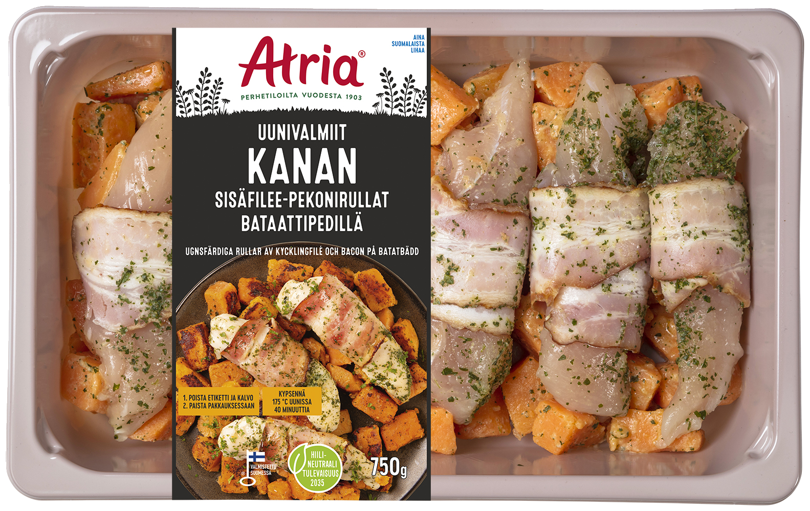 Atria Bravuuri 750g Uunivalmiit Kanan Sisäfilee-pekonirullat Bataattipedillä