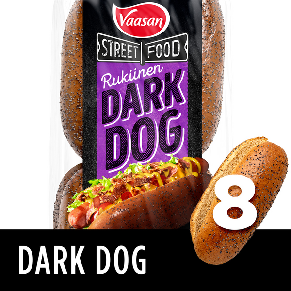 Vaasan dark dog rukiinen hot dog sämpylä 8kpl/400g