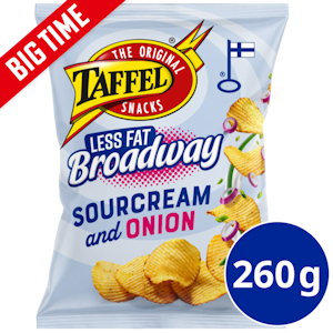 Taffel Broadway less fat sourcream & onion maustettu sipsi 260g