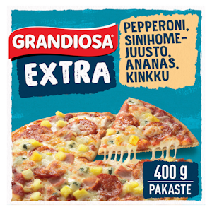 Grandiosa pizza Extra pepperoni-sinihomejuusto-ananas-kinkku 400g kiviuunipizza pakaste