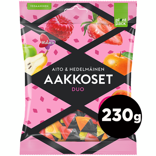 Malaco Aakkoset 230g Aito&Hedelmäinen Duo karkkipussi