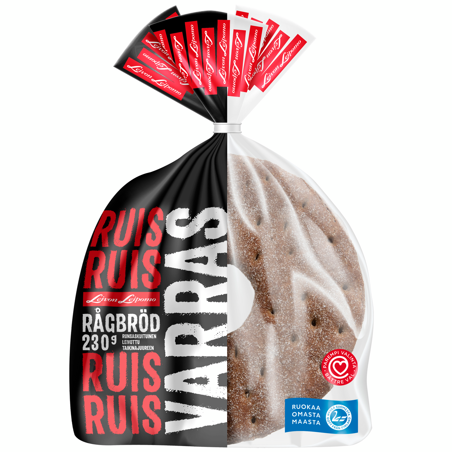 Leivon Ruisvarras 230g, ruisleipä halkaistu