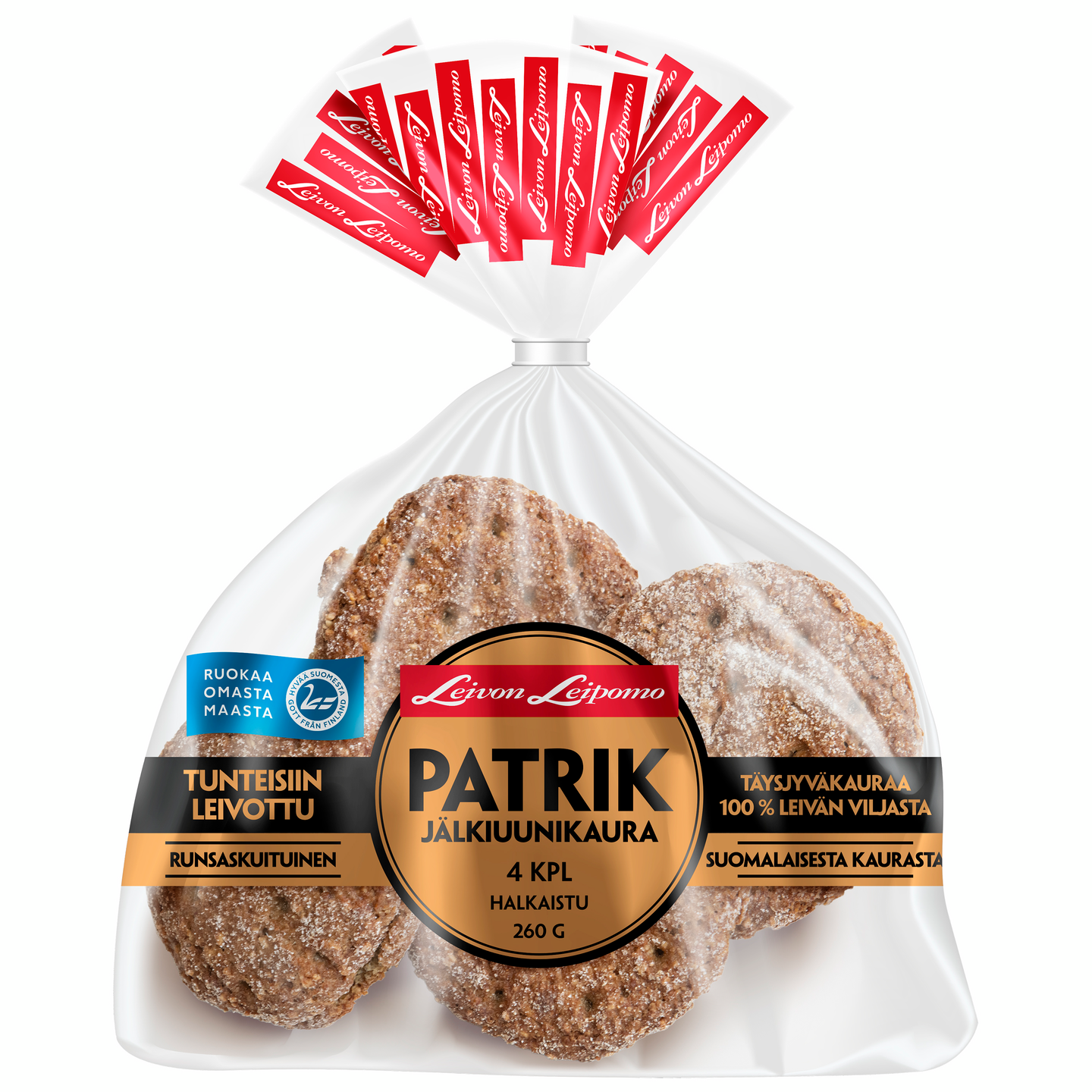 Leivon Leipomo  Patrik Jälkiuunikaura 4 kpl 260 g 100% täysjyväkauraleipä