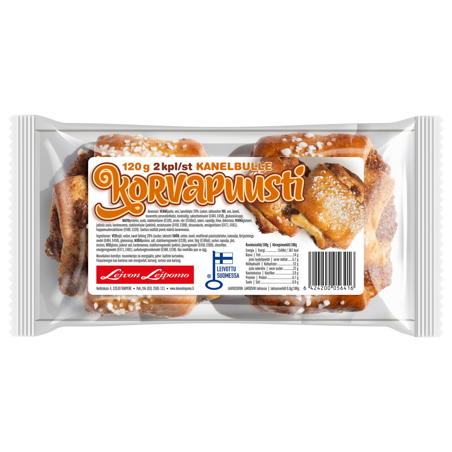 Leivon Leipomo Korvapuusti 2 kpl 120g kaneli-voitäyte