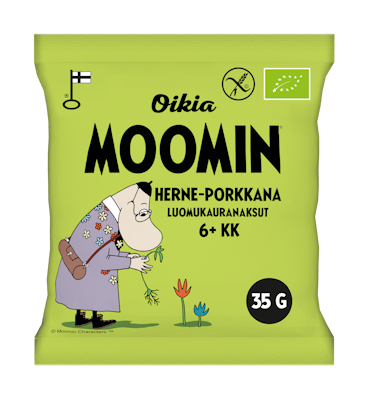 Oikia Moomin Luomukauranaksu herne-porkkana 35g 6+ kk