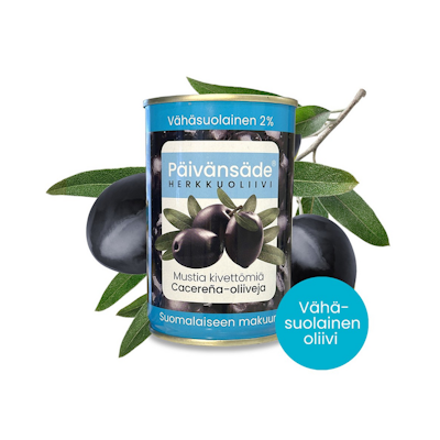 Päivänsäde Herkkuoliivi musta kivetön vähäsuolainen 300g/130g