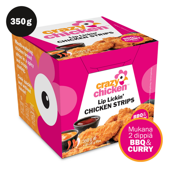 Crazy Chicken Lip Lickin' Chicken Strips paneroidut mausteiset rintafilepalat 350g + kastike pakaste