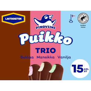 Pingviini Puikko laktoositon kermajäätelöpuikkolajitelma monipakkaus Trio 15x32g