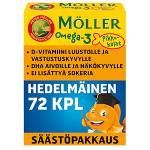 Möller Omega-3 Pikkukalat säästöpakkaus hedelmänmakuinen pehmeä pureskeltava 72kpl